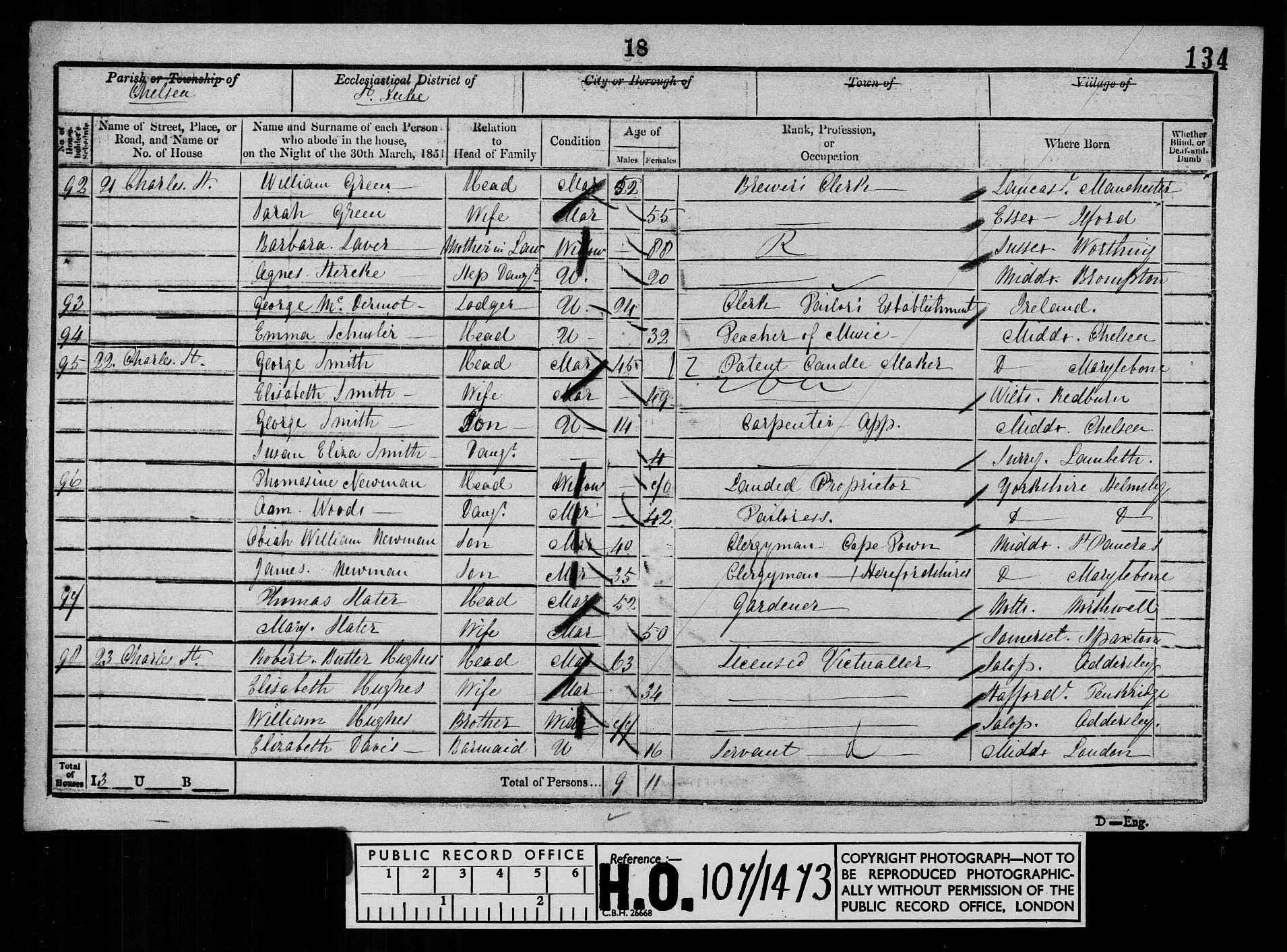 Census 1851 Chelsea, London, England HO107-1477 Folio-134 Page-018 Schedule-092