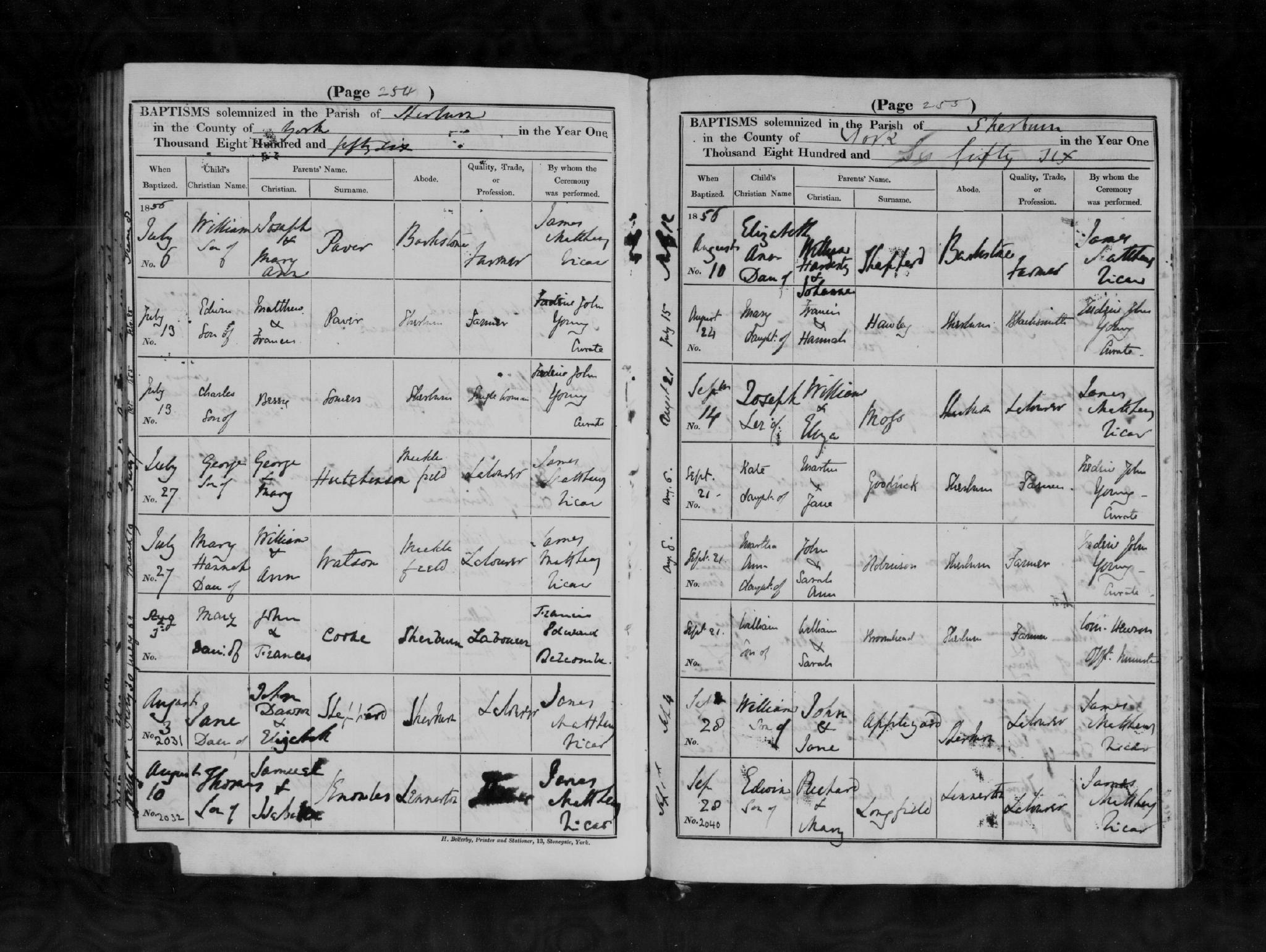 Baptism Sherburn in Elmet, Yorkshire, England (All Saints) 3 Aug 1856 Jane Shepherd